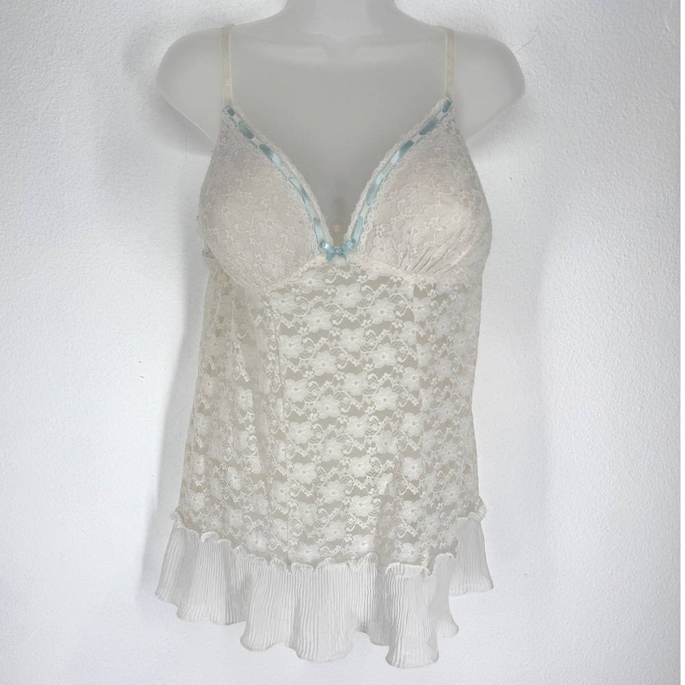 Apt 9 Intimates Floral Lace‎ Camisole XL White Sheer Blue Ruffle Hem Padded Cup